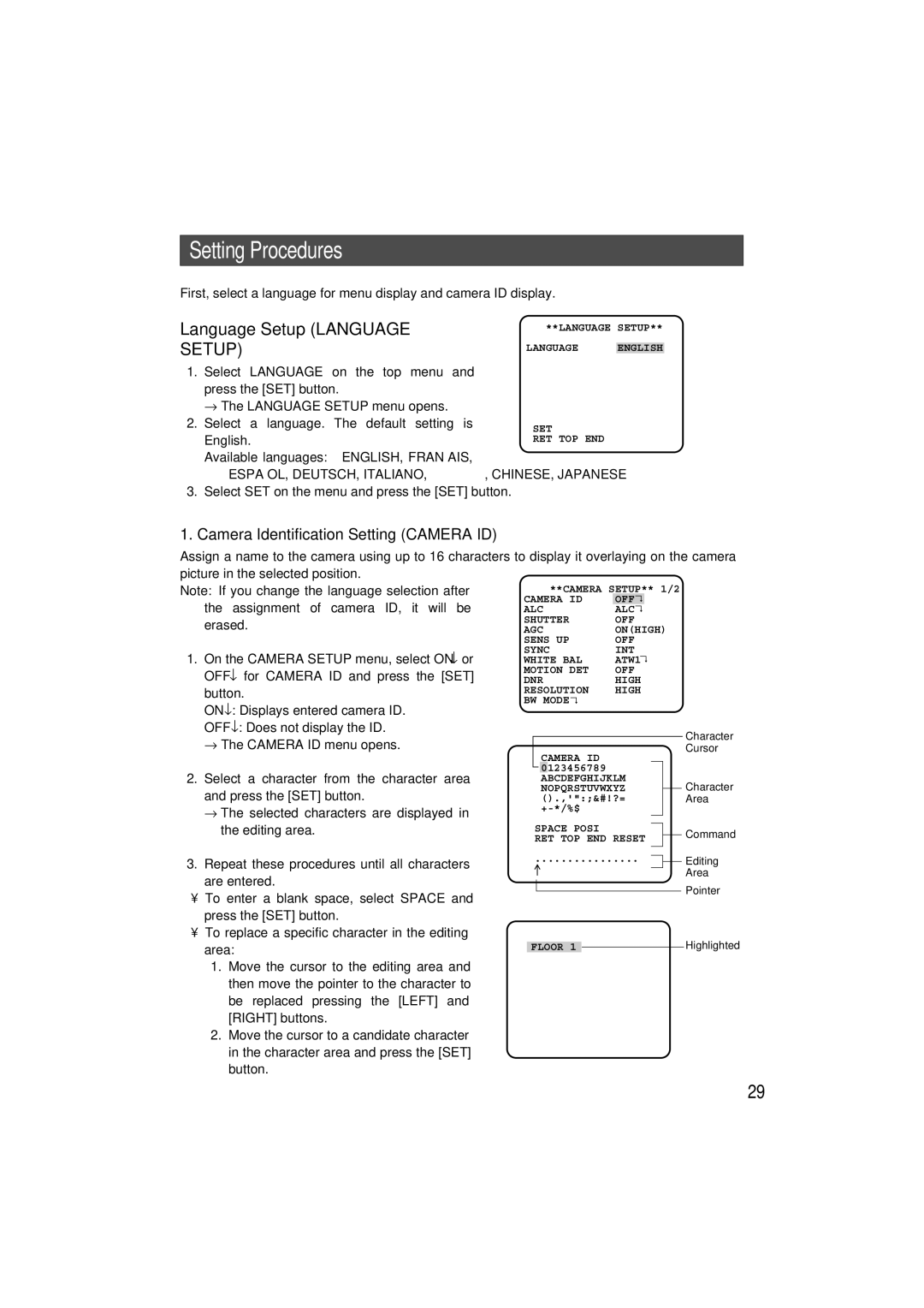 Panasonic WV-CW480S Setting Procedures, Language Setup Language Setup, Camera Identification Setting Camera ID 