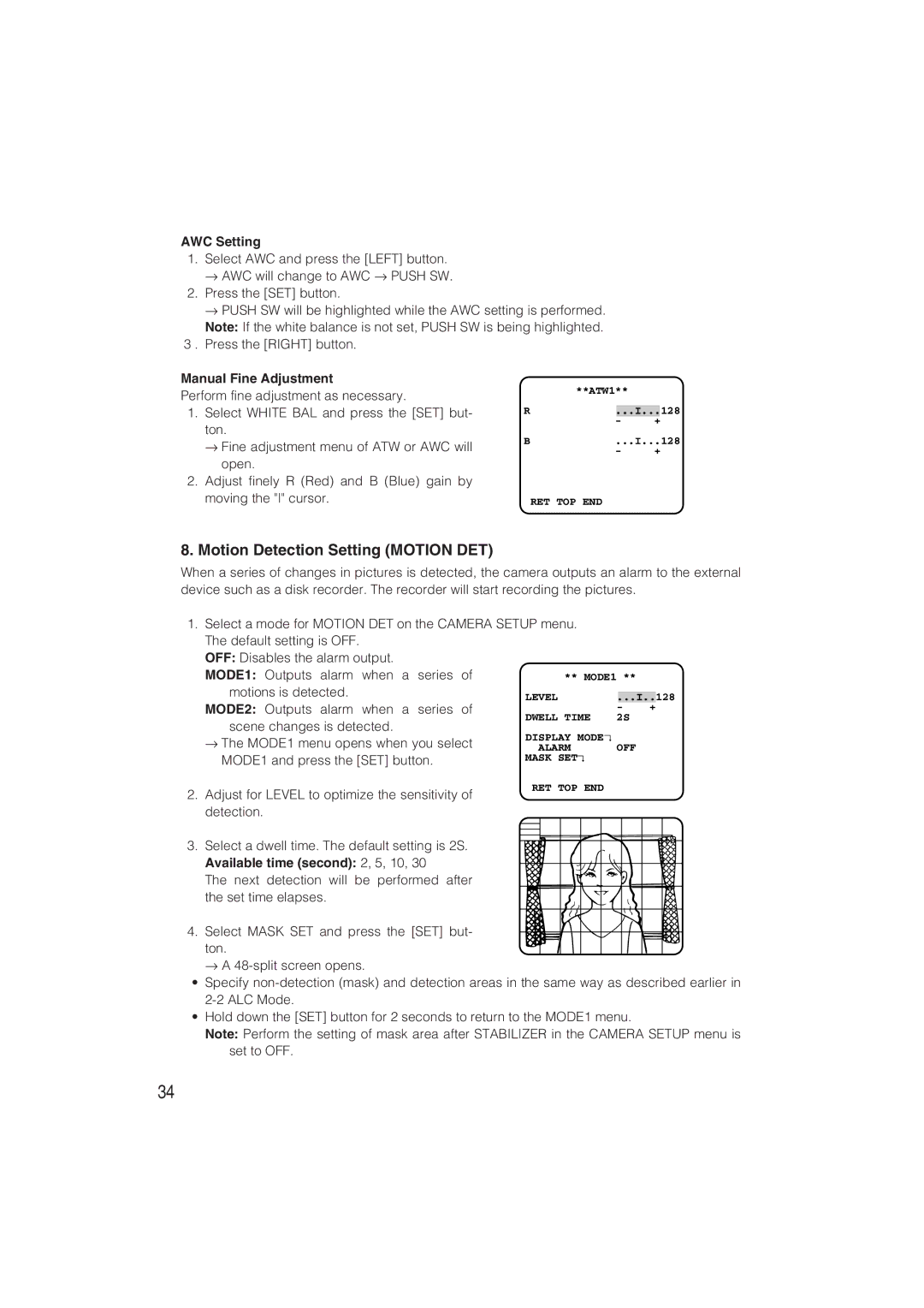 Panasonic WV-CW480S operating instructions Motion Detection Setting Motion DET, AWC Setting, Manual Fine Adjustment 