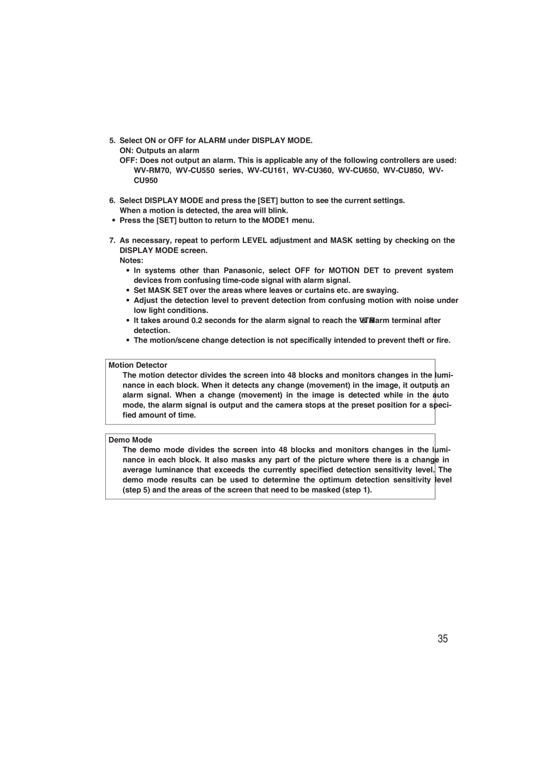 Panasonic WV-CW480S operating instructions Motion Detector, Demo Mode 