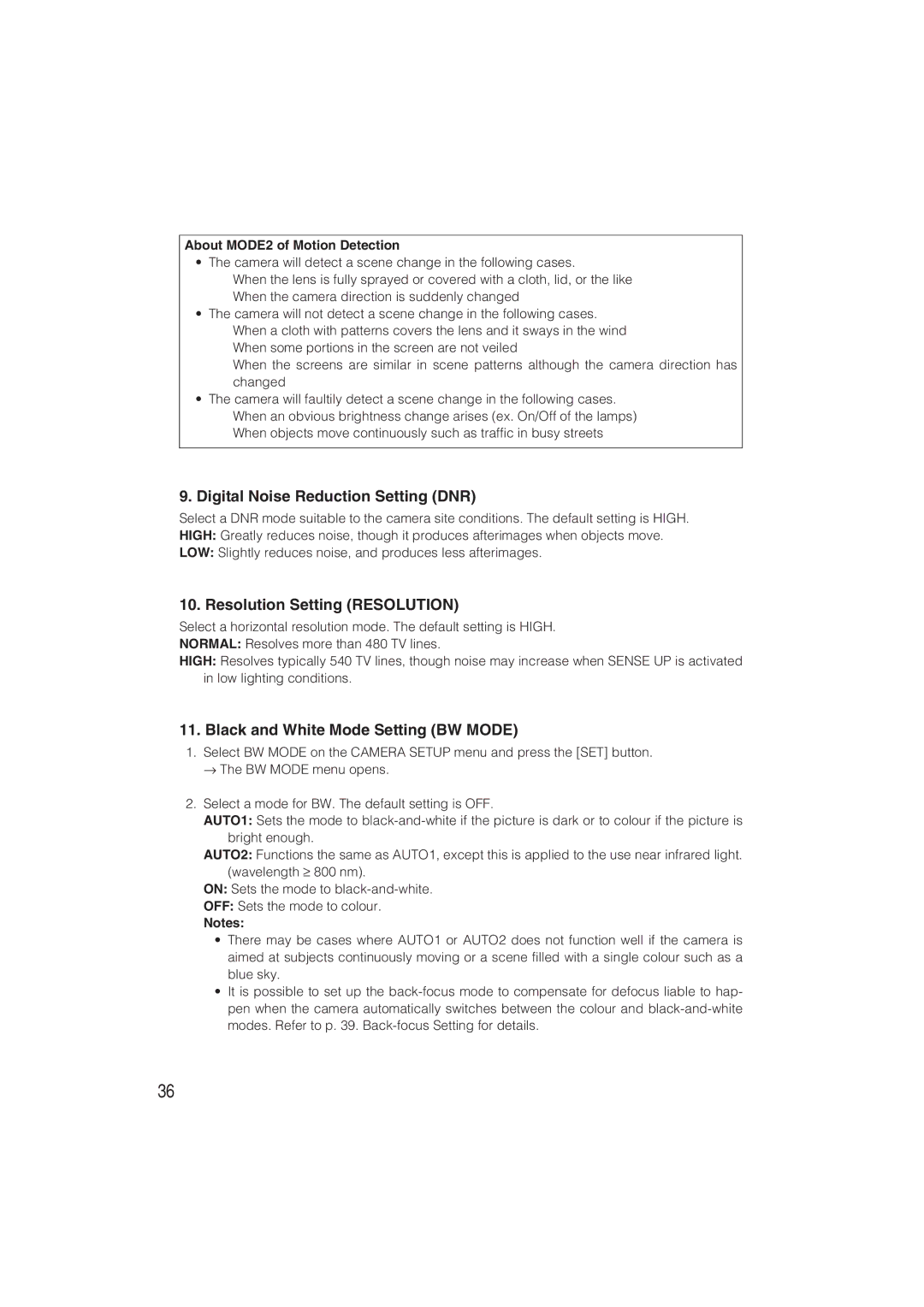 Panasonic WV-CW480S Digital Noise Reduction Setting DNR, Resolution Setting Resolution, About MODE2 of Motion Detection 