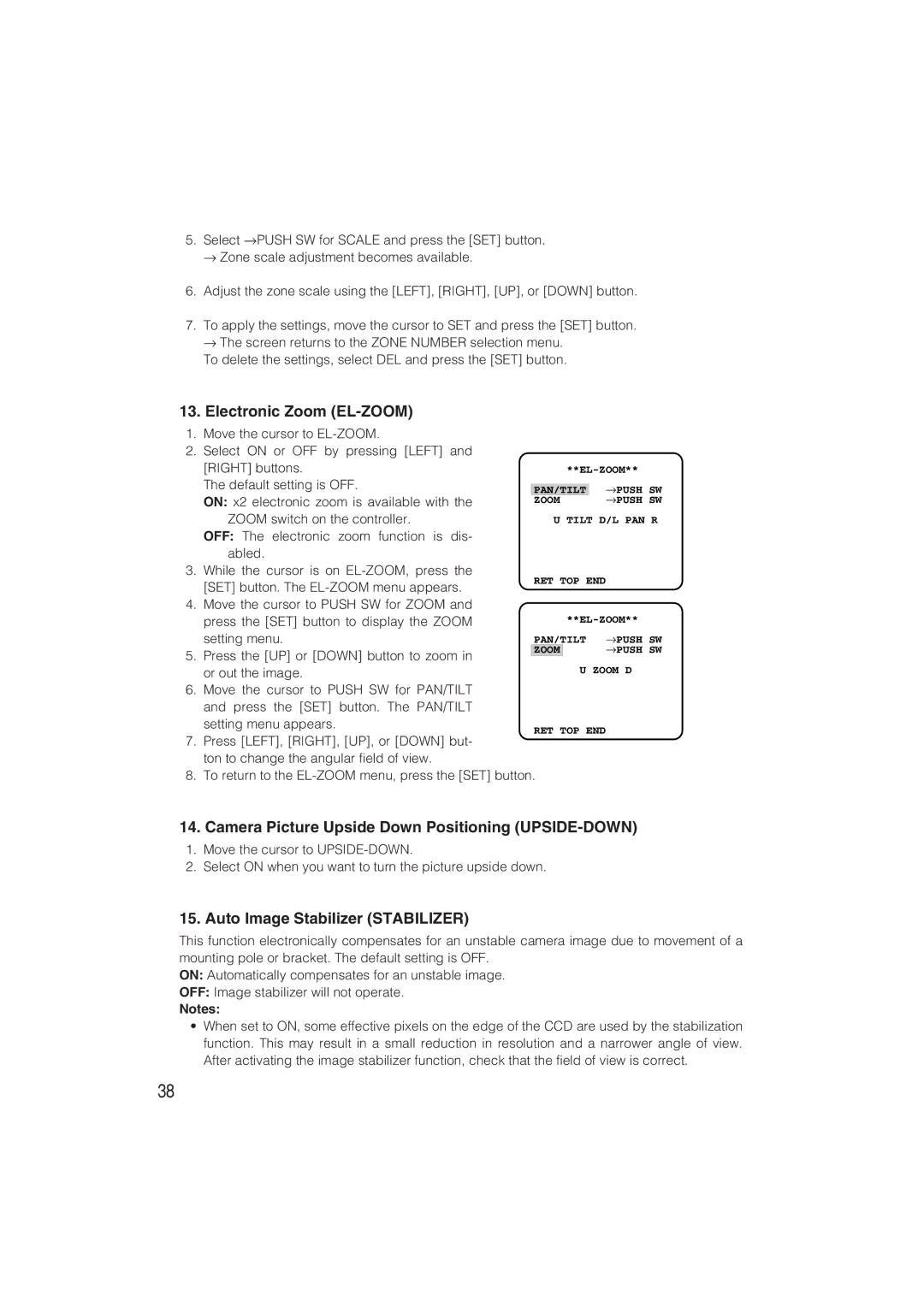 Panasonic WV-CW480S operating instructions Electronic Zoom EL-ZOOM, Camera Picture Upside Down Positioning UPSIDE-DOWN 