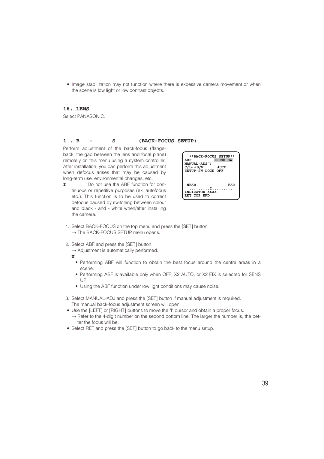 Panasonic WV-CW480S operating instructions Lens, Back-focus Setting BACK-FOCUS Setup 