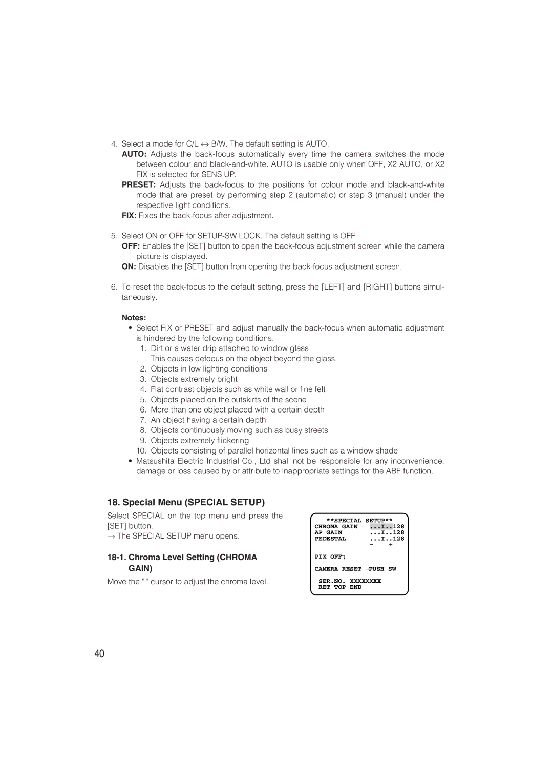 Panasonic WV-CW480S operating instructions Special Menu Special Setup, Chroma Level Setting Chroma Gain 