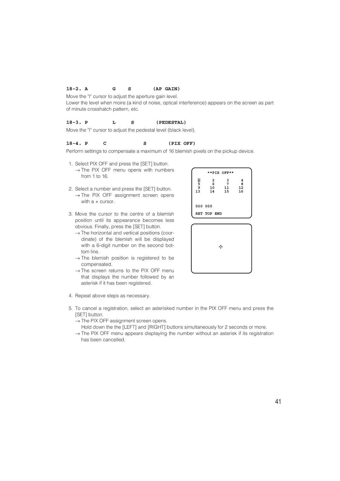 Panasonic WV-CW480S Aperture Gain Setting AP Gain, Pedestal Level Setting Pedestal, Pixel Compensation Setting PIX OFF 