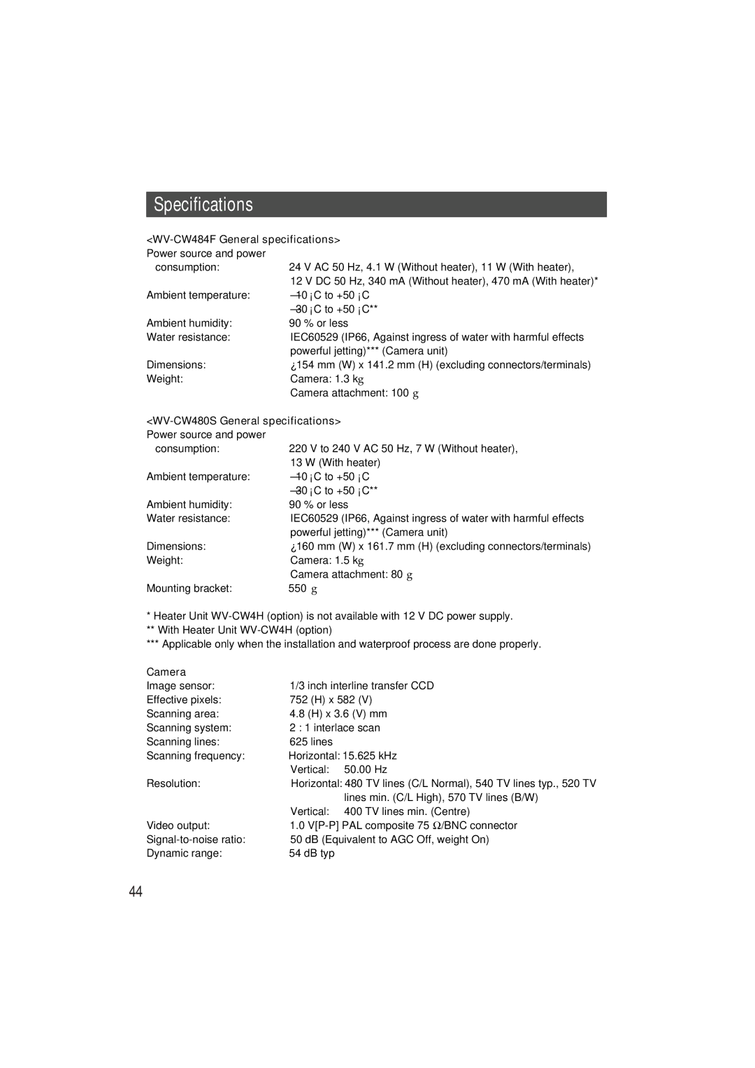 Panasonic Specifications, WV-CW484F General specifications, WV-CW480S General specifications, Camera 