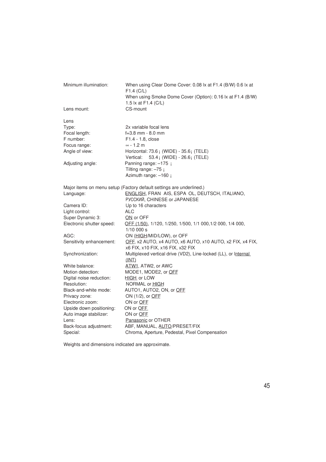 Panasonic WV-CW480S operating instructions Lens, Int 