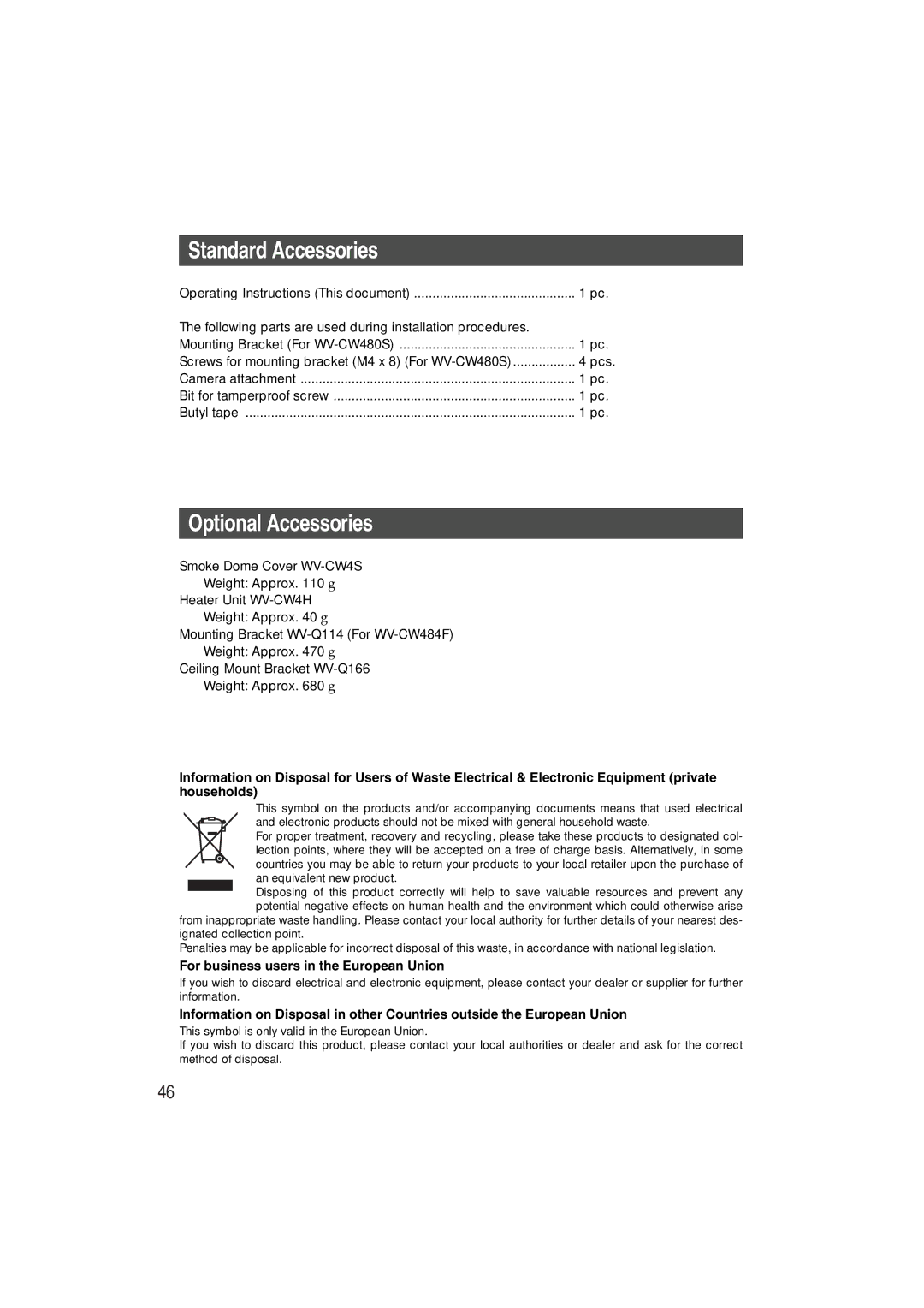 Panasonic WV-CW480S Standard Accessories, Optional Accessories, For business users in the European Union 