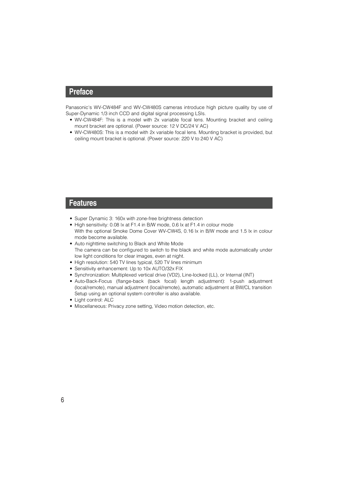 Panasonic WV-CW480S operating instructions Preface, Features 