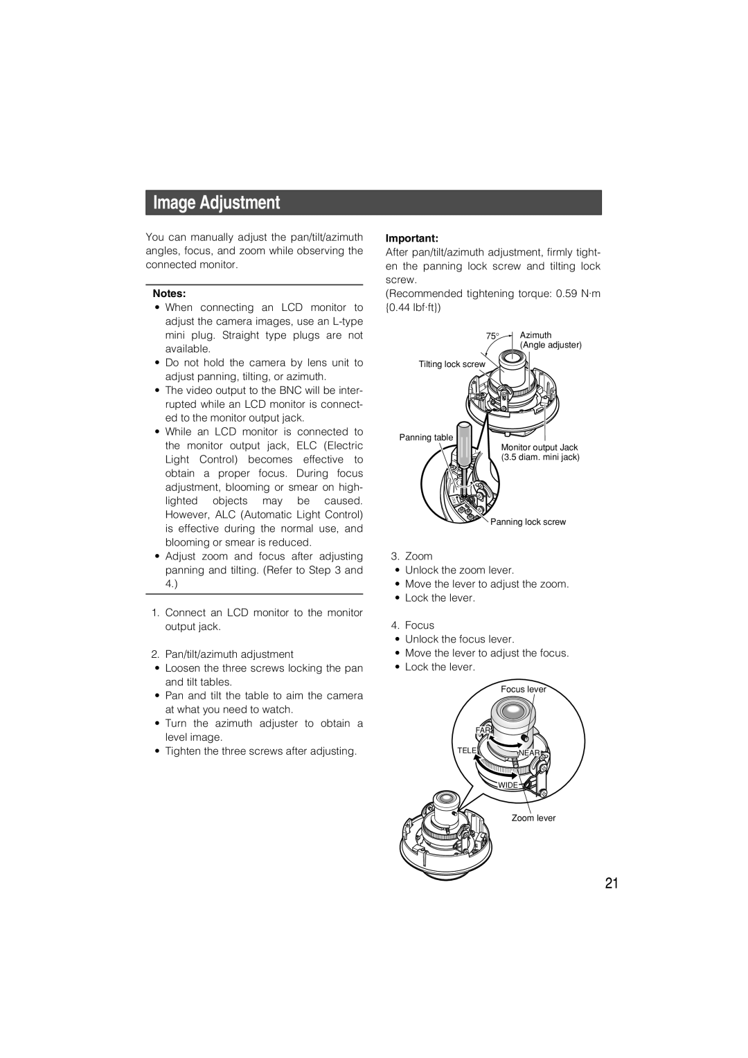 Panasonic WV-CW484 operating instructions Image Adjustment 