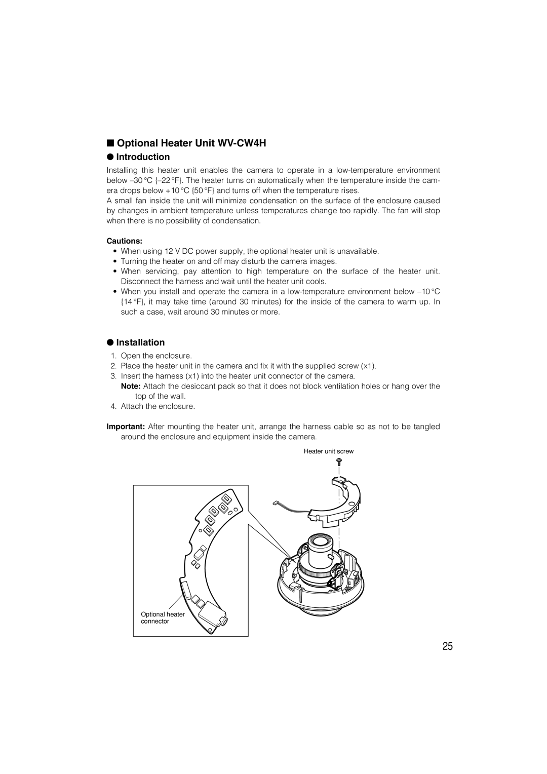 Panasonic WV-CW484 operating instructions Optional Heater Unit WV-CW4H, Introduction, Installation 