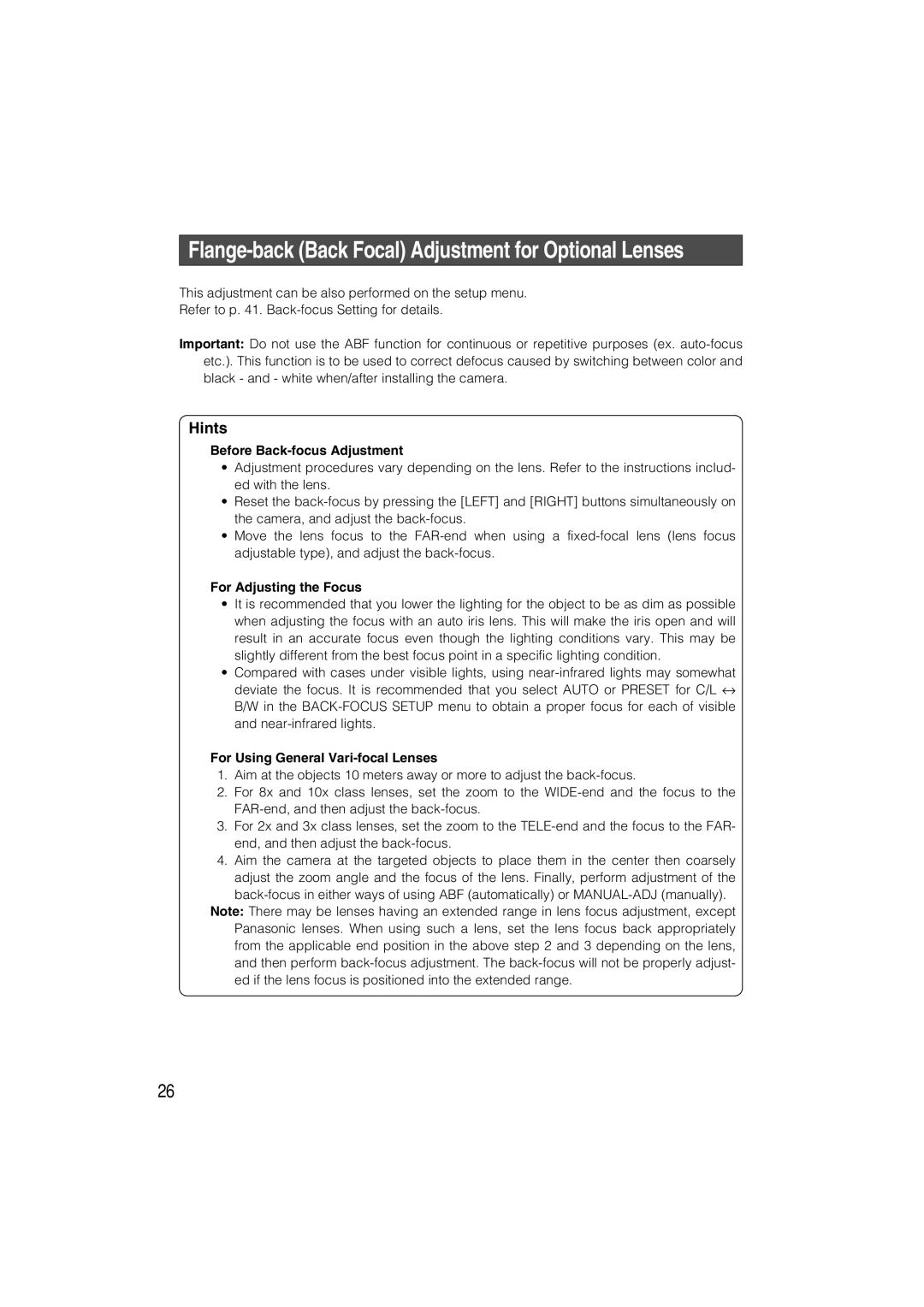 Panasonic WV-CW484 Hints, Before Back-focus Adjustment, For Adjusting the Focus, For Using General Vari-focal Lenses 