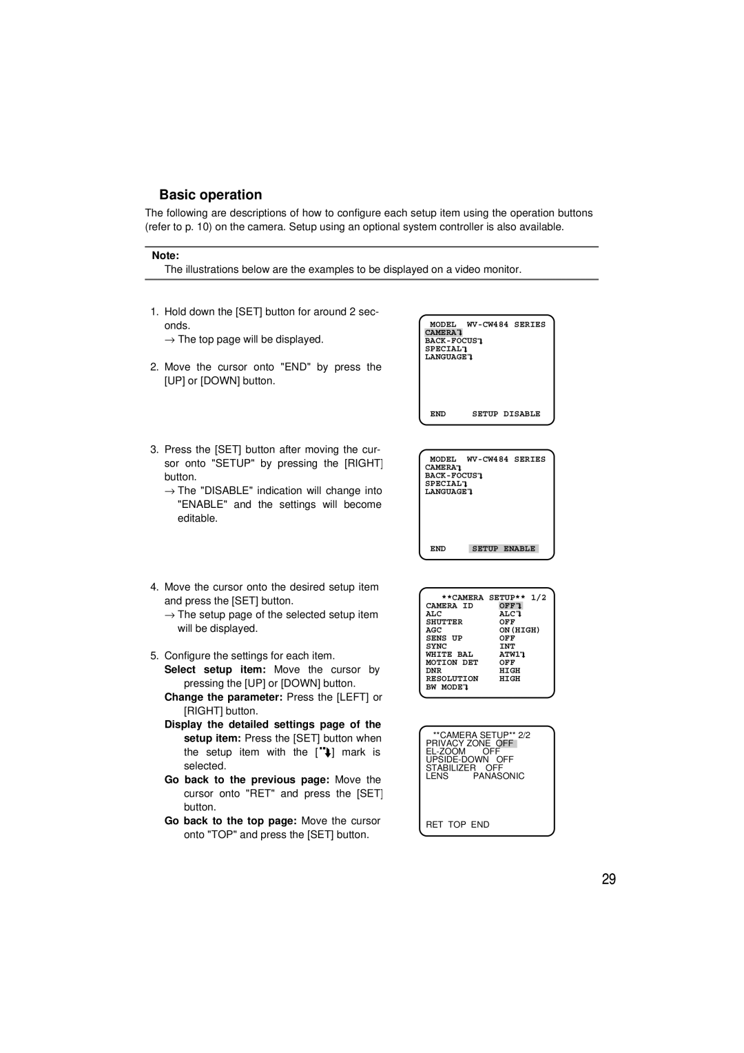 Panasonic WV-CW484 operating instructions Basic operation 