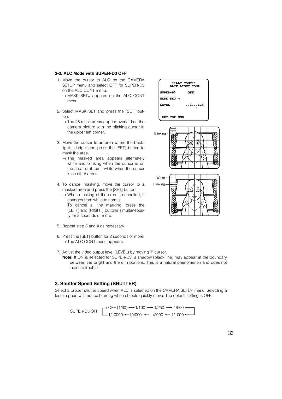 Panasonic WV-CW484 operating instructions Shutter Speed Setting Shutter, ALC Mode with SUPER-D3 OFF 