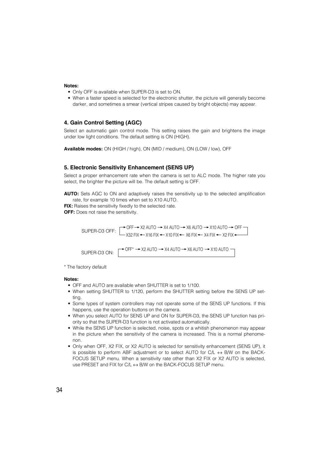 Panasonic WV-CW484 operating instructions Gain Control Setting AGC, Electronic Sensitivity Enhancement Sens UP 