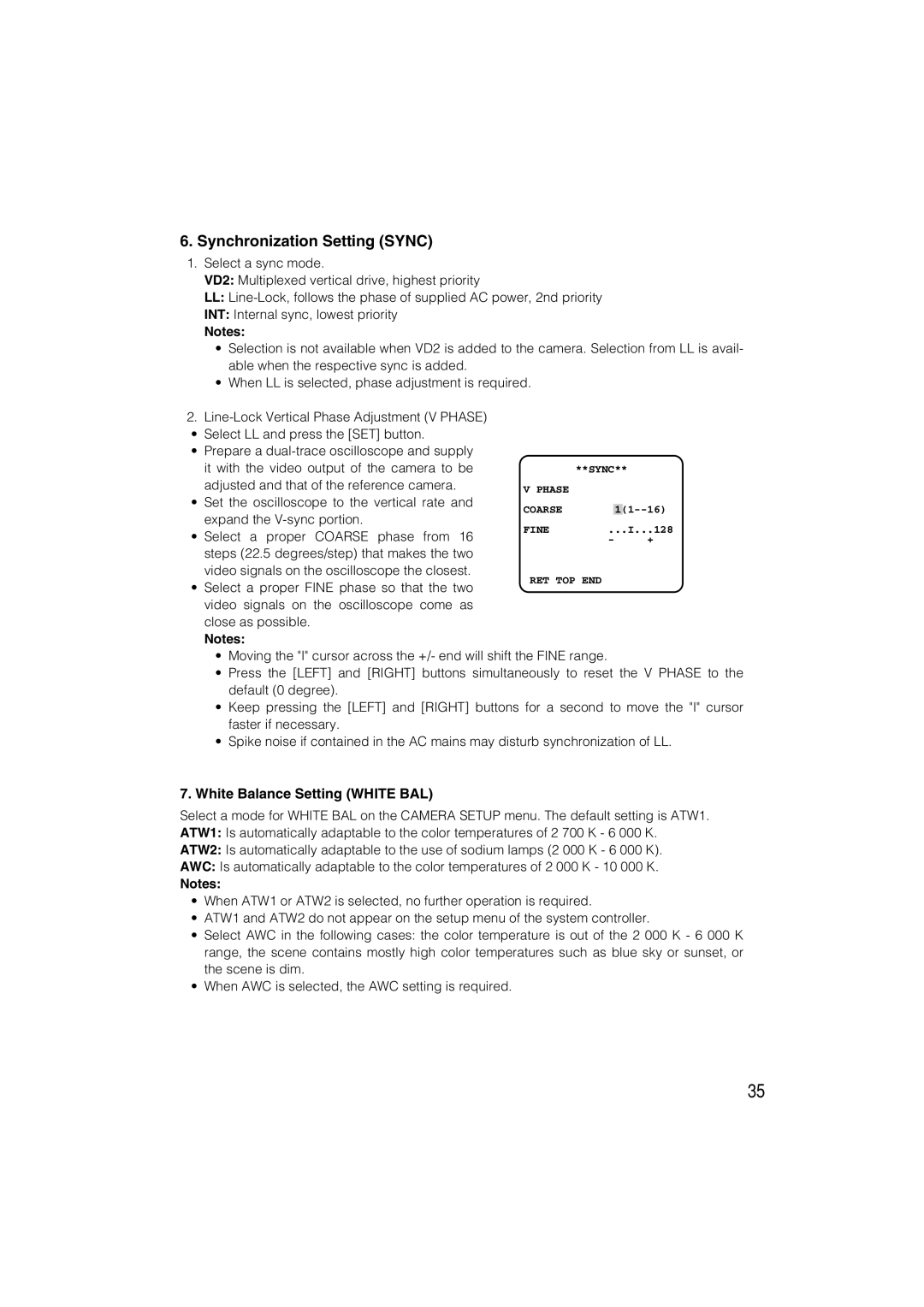 Panasonic WV-CW484 operating instructions Synchronization Setting Sync, White Balance Setting White BAL 