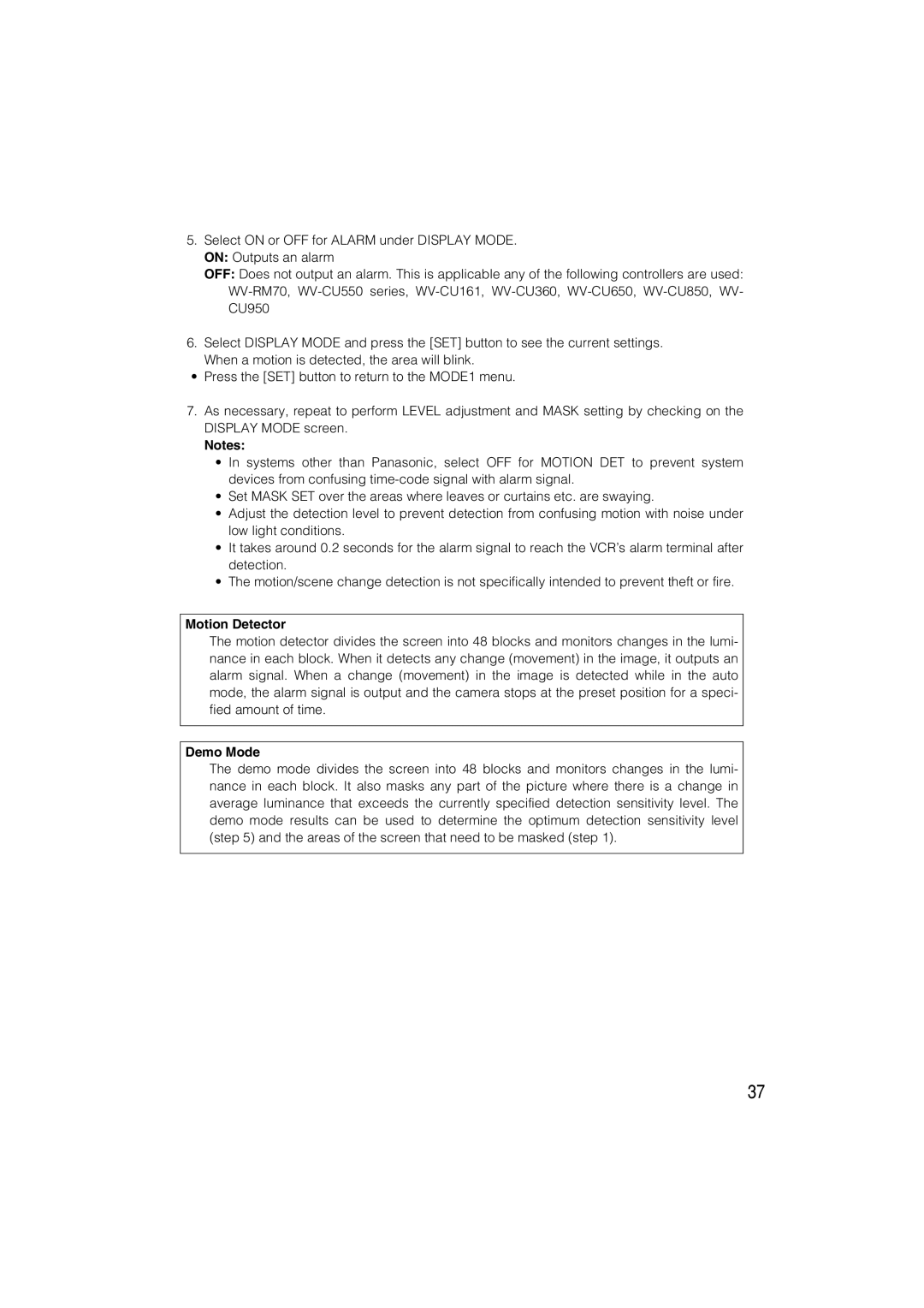 Panasonic WV-CW484 operating instructions Motion Detector, Demo Mode 