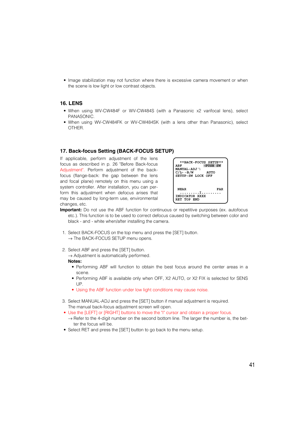 Panasonic WV-CW484 operating instructions Lens, Back-focus Setting BACK-FOCUS Setup 