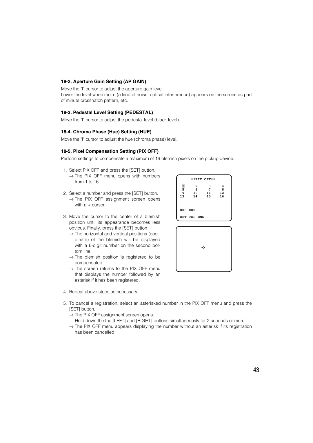 Panasonic WV-CW484 Aperture Gain Setting AP Gain, Pedestal Level Setting Pedestal, Chroma Phase Hue Setting HUE 