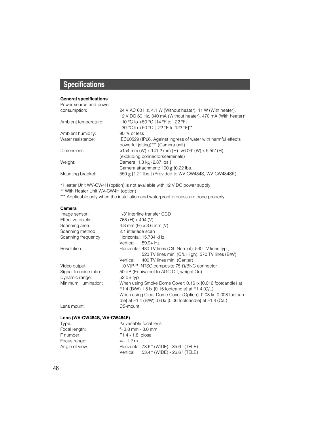 Panasonic operating instructions Specifications, General specifications, Camera, Lens WV-CW484S, WV-CW484F 