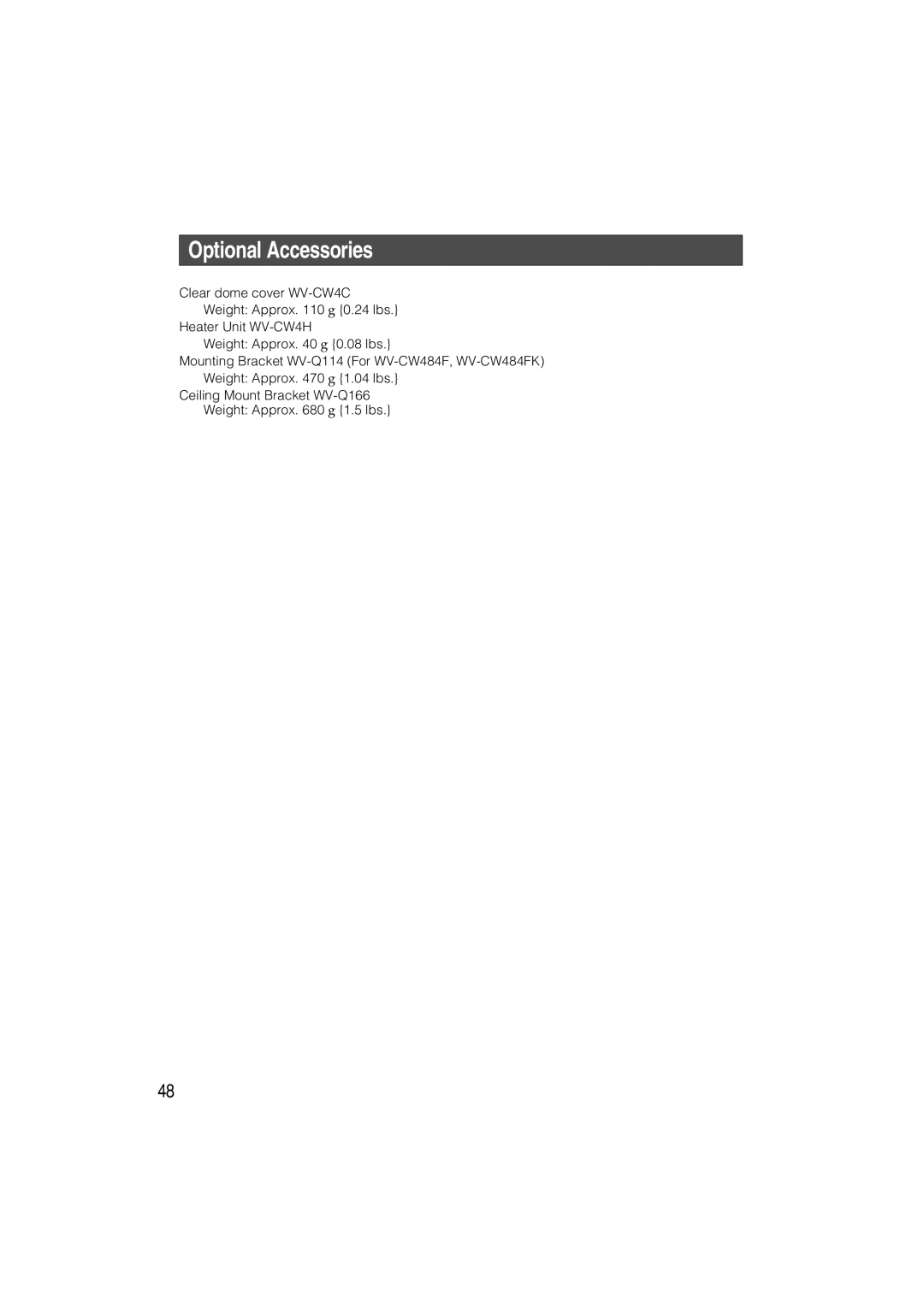 Panasonic WV-CW484 operating instructions Optional Accessories 