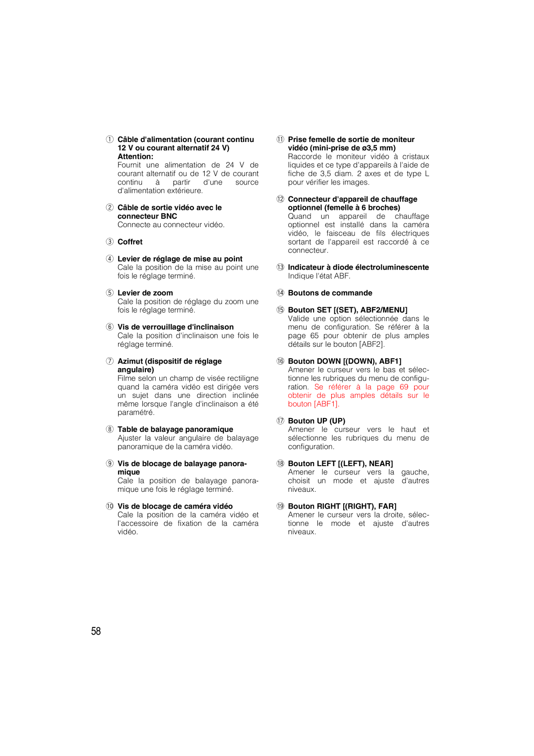 Panasonic WV-CW484 operating instructions Câble de sortie vidéo avec le connecteur BNC, Vis de verrouillage dinclinaison 