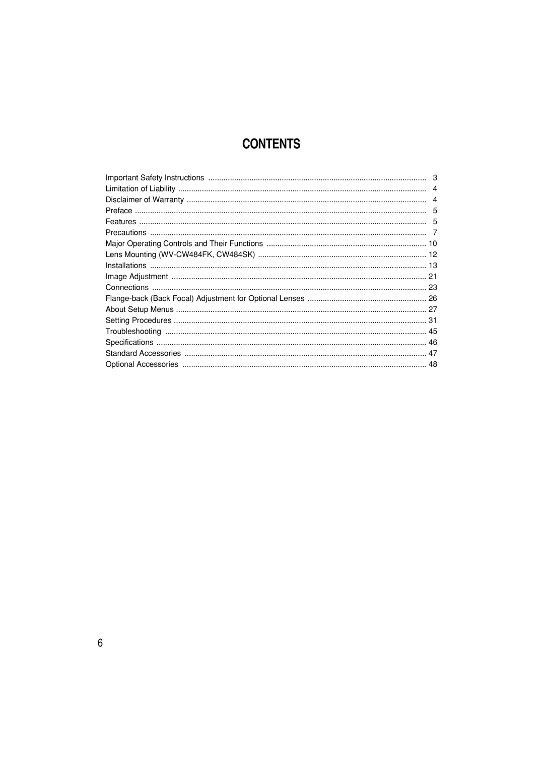 Panasonic WV-CW484 operating instructions Contents 