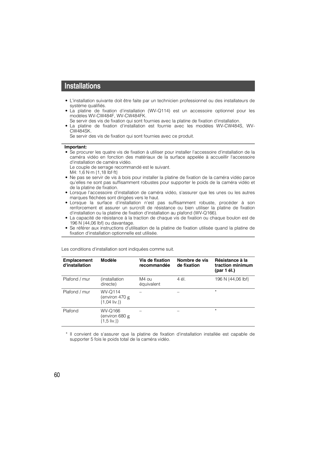 Panasonic WV-CW484 operating instructions Installations 