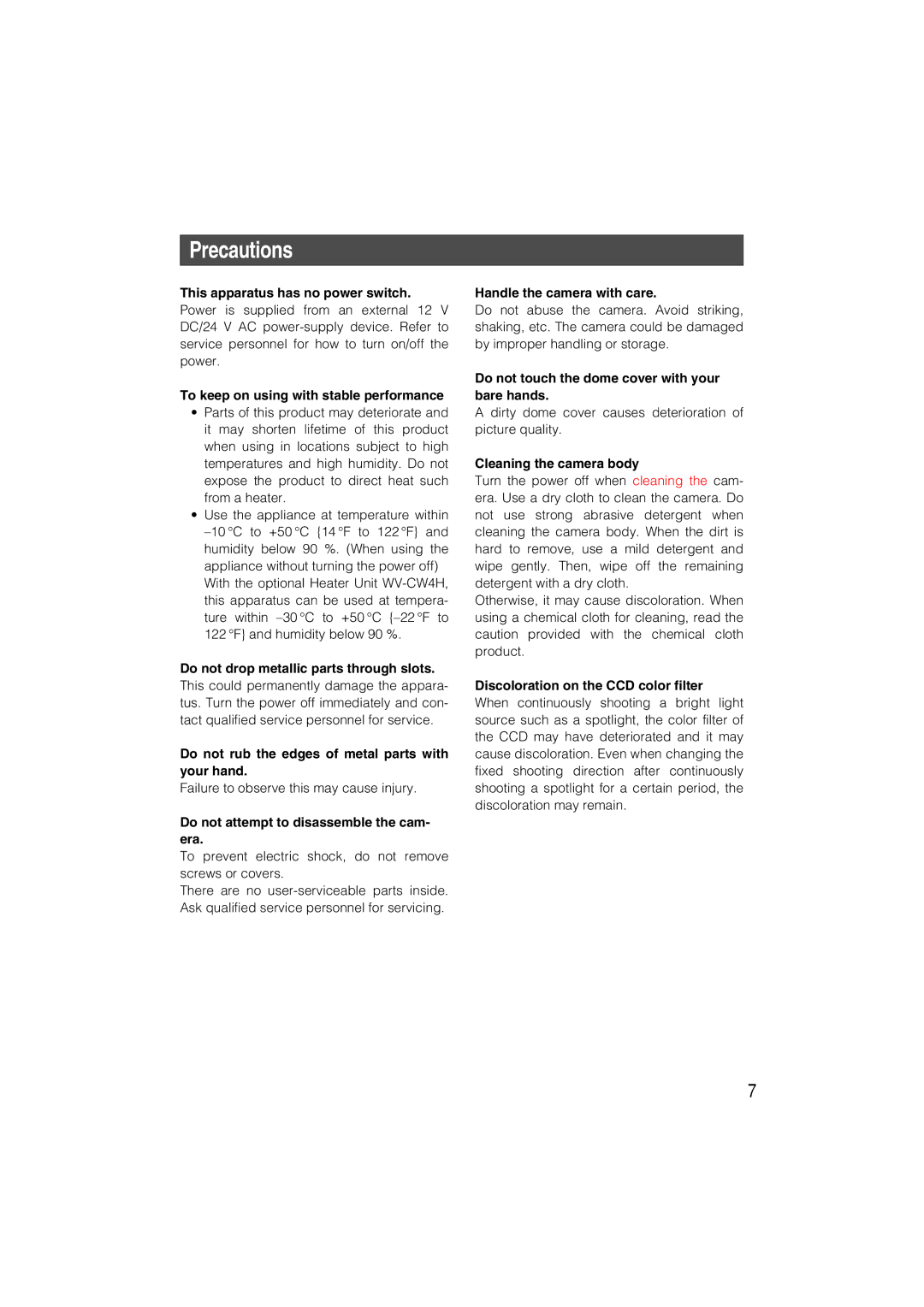 Panasonic WV-CW484 operating instructions Precautions 