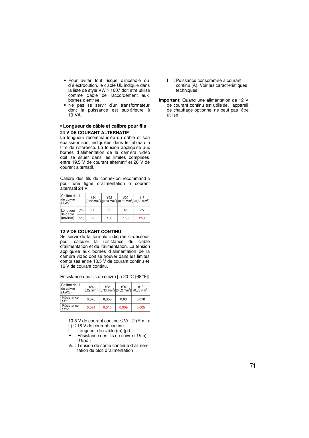 Panasonic WV-CW484 operating instructions Longueur de câble et calibre pour fils, DE Courant Alternatif 