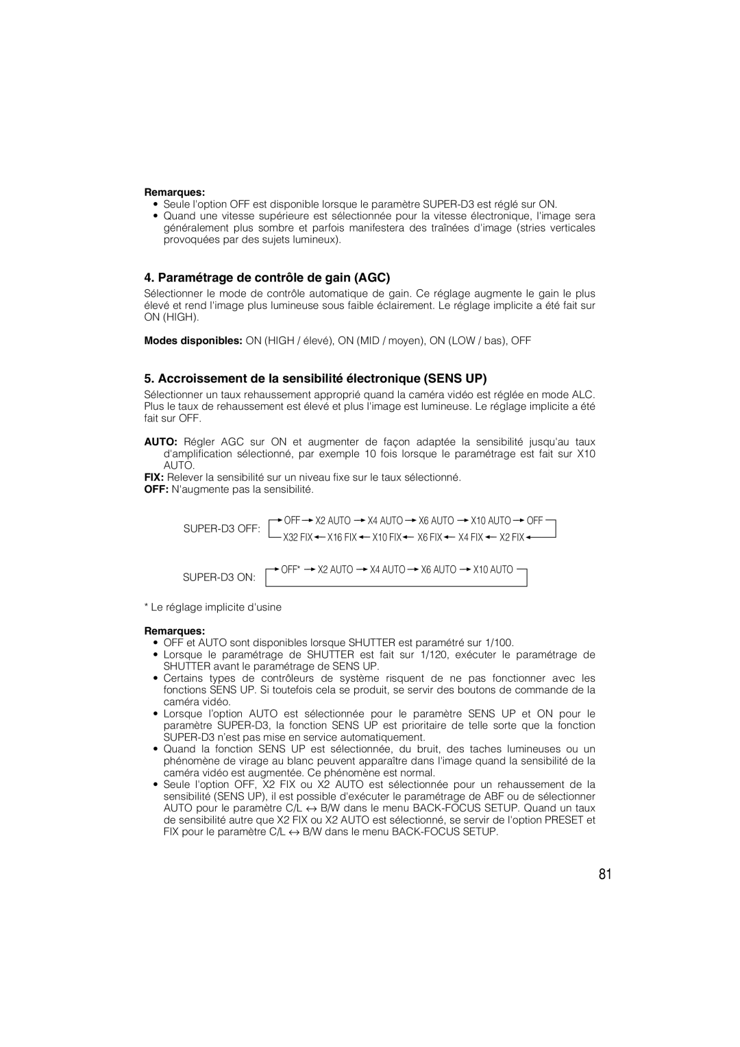 Panasonic WV-CW484 Paramétrage de contrôle de gain AGC, Accroissement de la sensibilité électronique Sens UP 