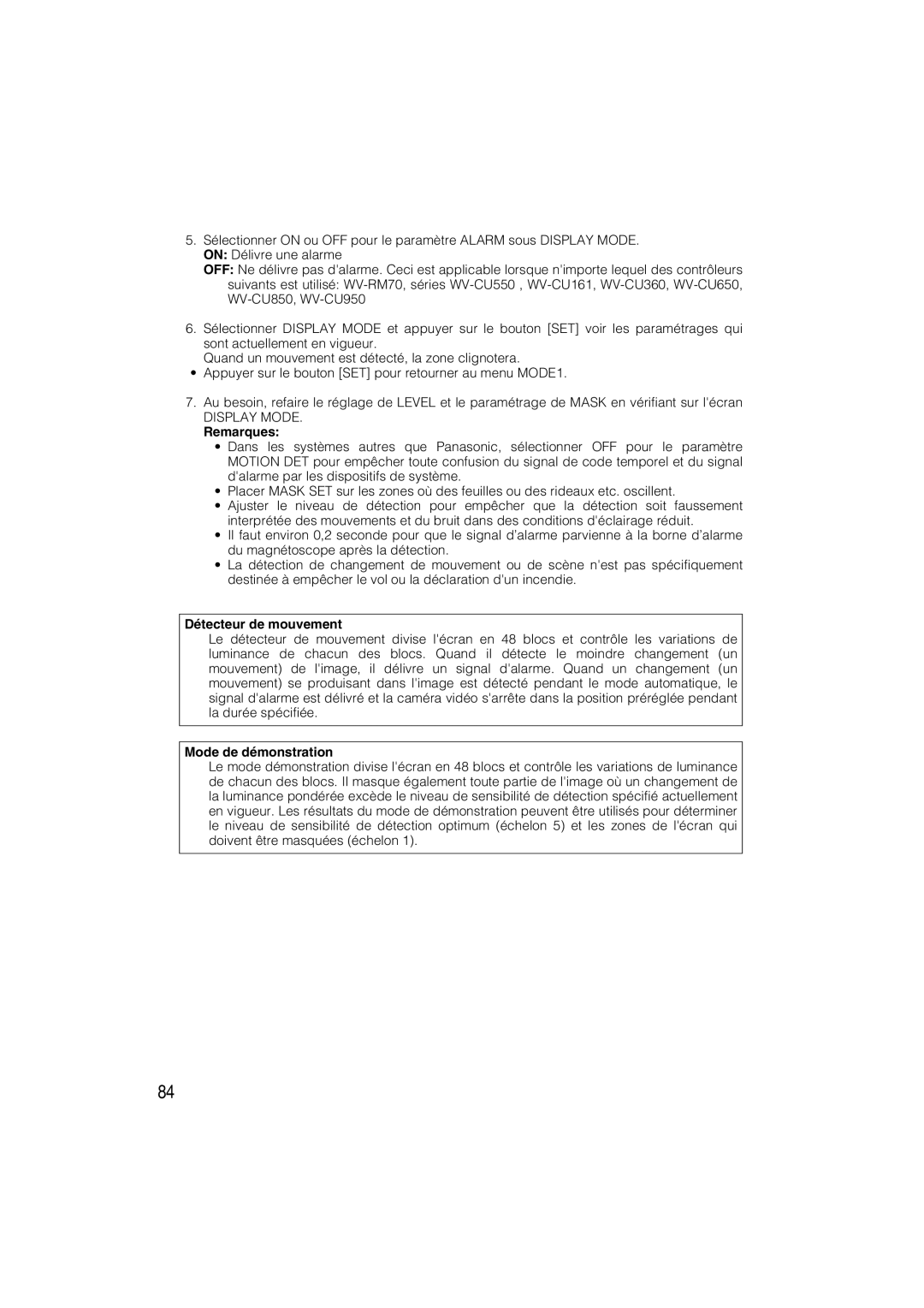 Panasonic WV-CW484 operating instructions Détecteur de mouvement, Mode de démonstration 