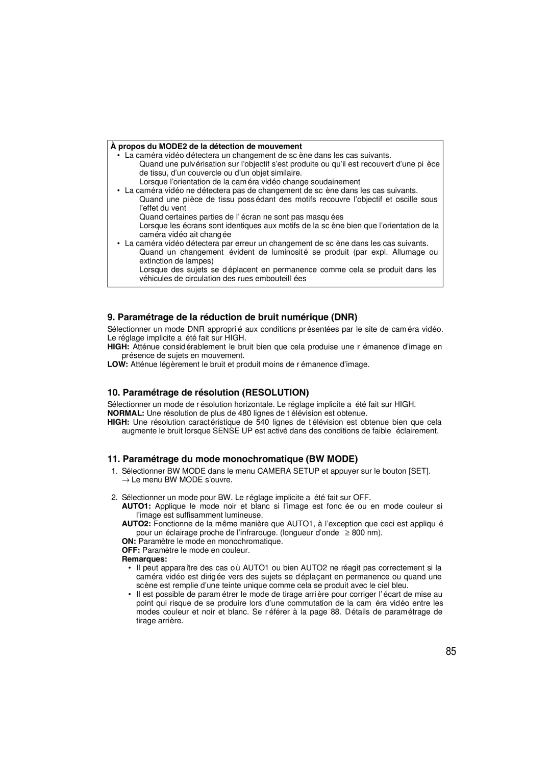 Panasonic WV-CW484 Paramétrage de la réduction de bruit numérique DNR, Paramétrage de résolution Resolution 