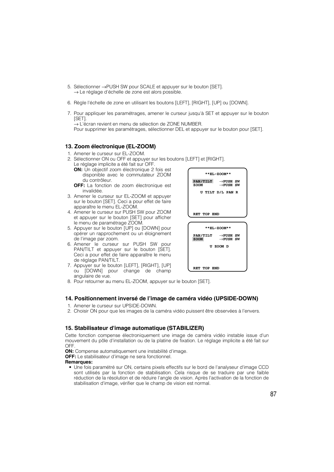 Panasonic WV-CW484 operating instructions Zoom électronique EL-ZOOM, Stabilisateur dimage automatique Stabilizer 