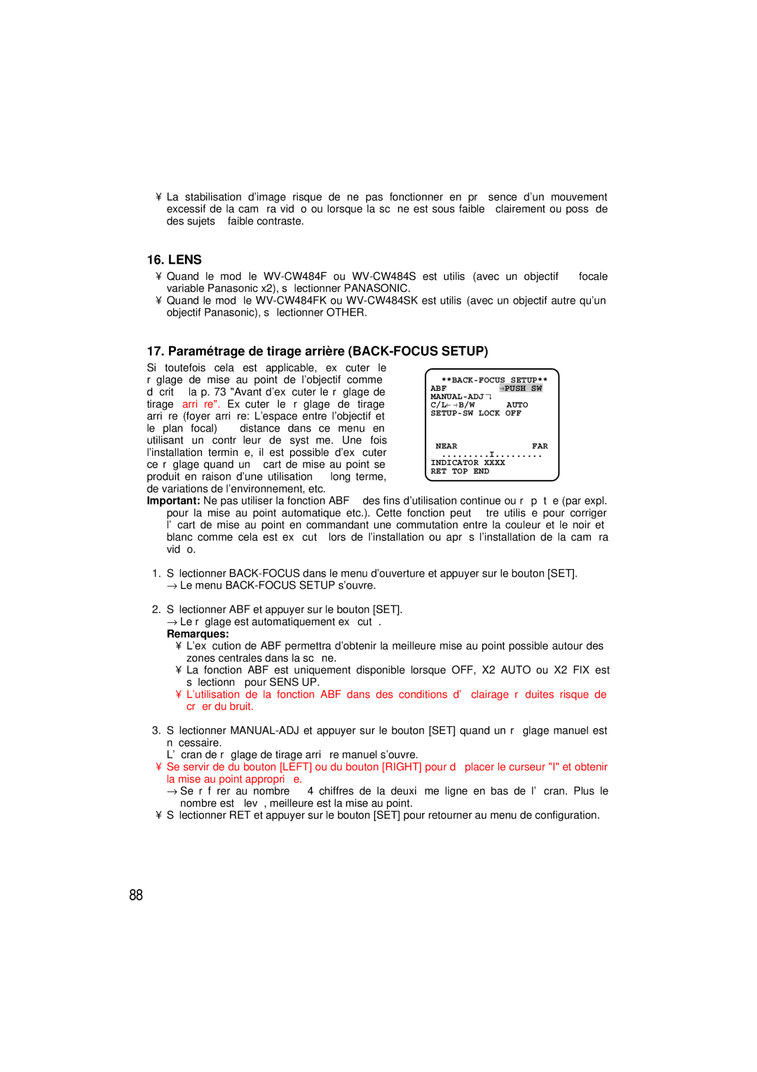 Panasonic WV-CW484 operating instructions Lens, Paramétrage de tirage arrière BACK-FOCUS Setup 