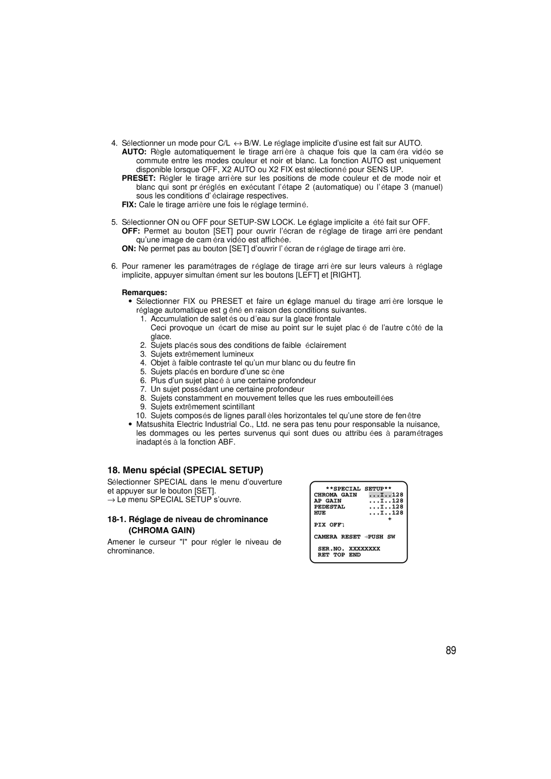 Panasonic WV-CW484 operating instructions Menu spécial Special Setup, 18-1. Réglage de niveau de chrominance 