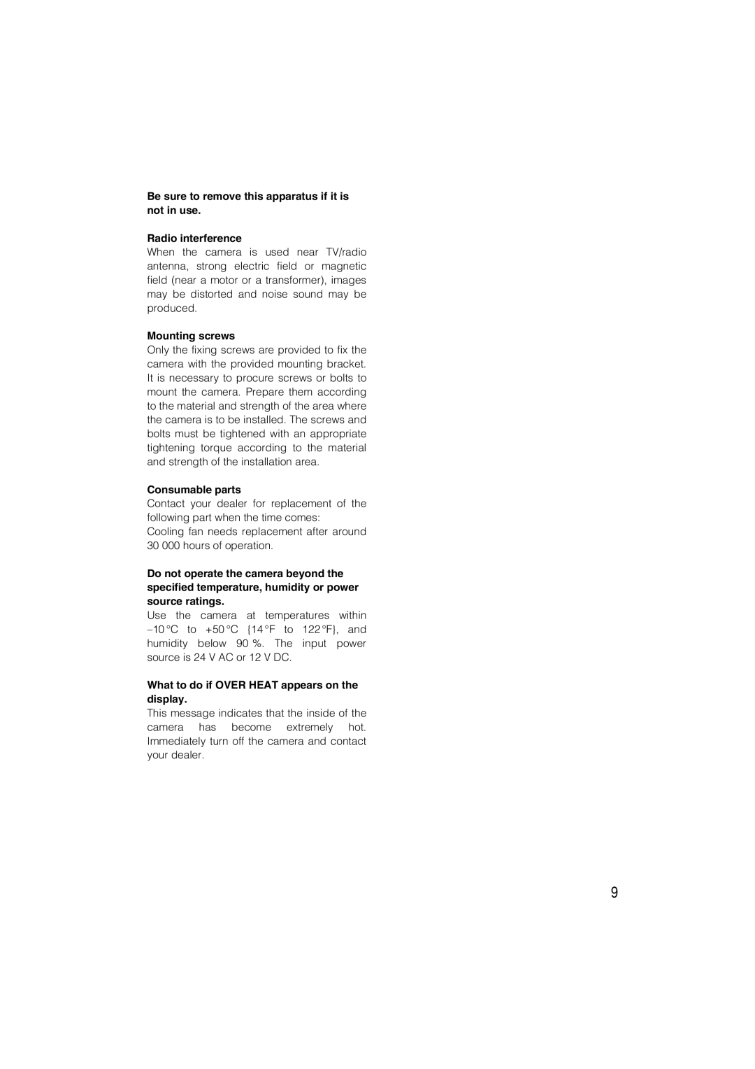 Panasonic WV-CW484 operating instructions Mounting screws, Consumable parts, What to do if Over Heat appears on the display 