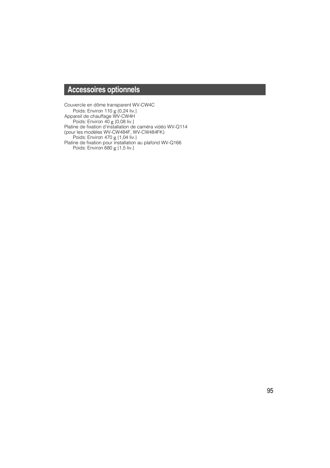 Panasonic WV-CW484 operating instructions Accessoires optionnels 