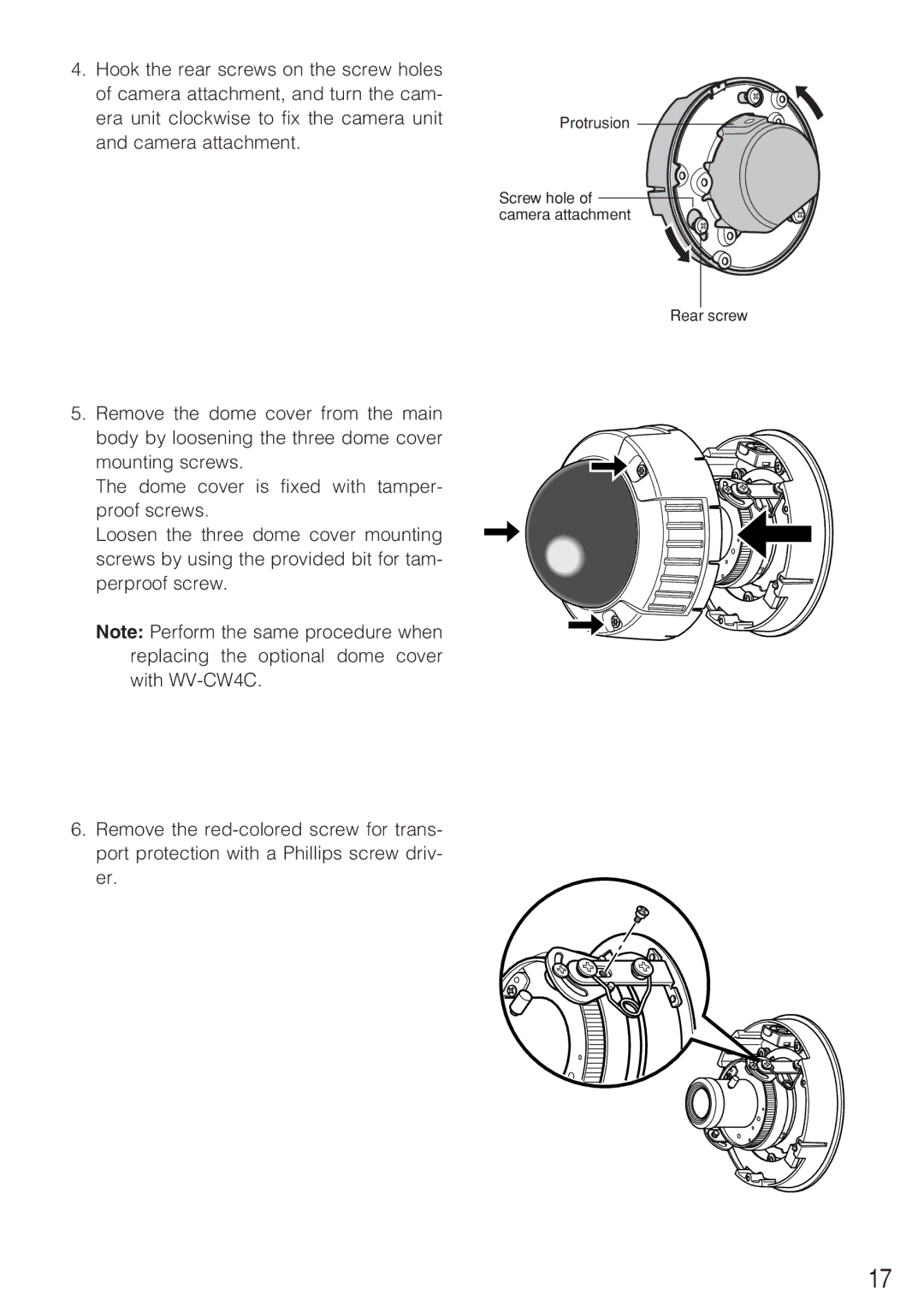 Panasonic WV-CW484F operating instructions Protrusion Screw hole of camera attachment Rear screw 