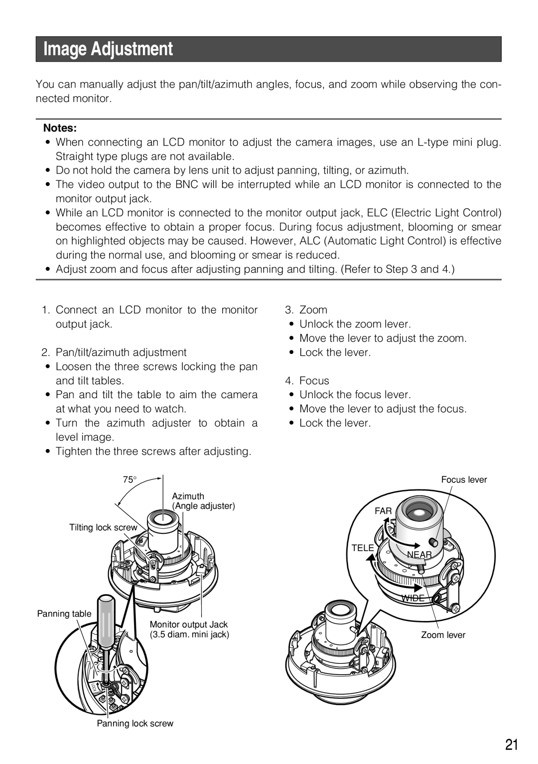 Panasonic WV-CW484F operating instructions Image Adjustment 