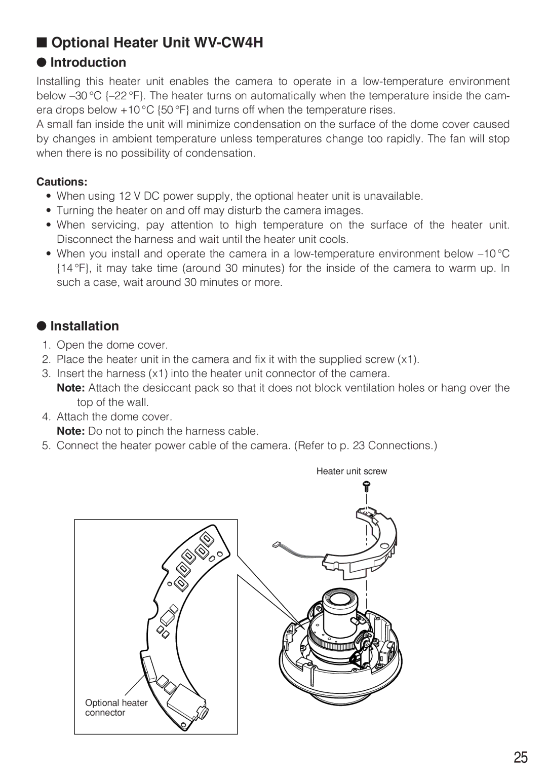 Panasonic WV-CW484F operating instructions Optional Heater Unit WV-CW4H, Introduction, Installation 