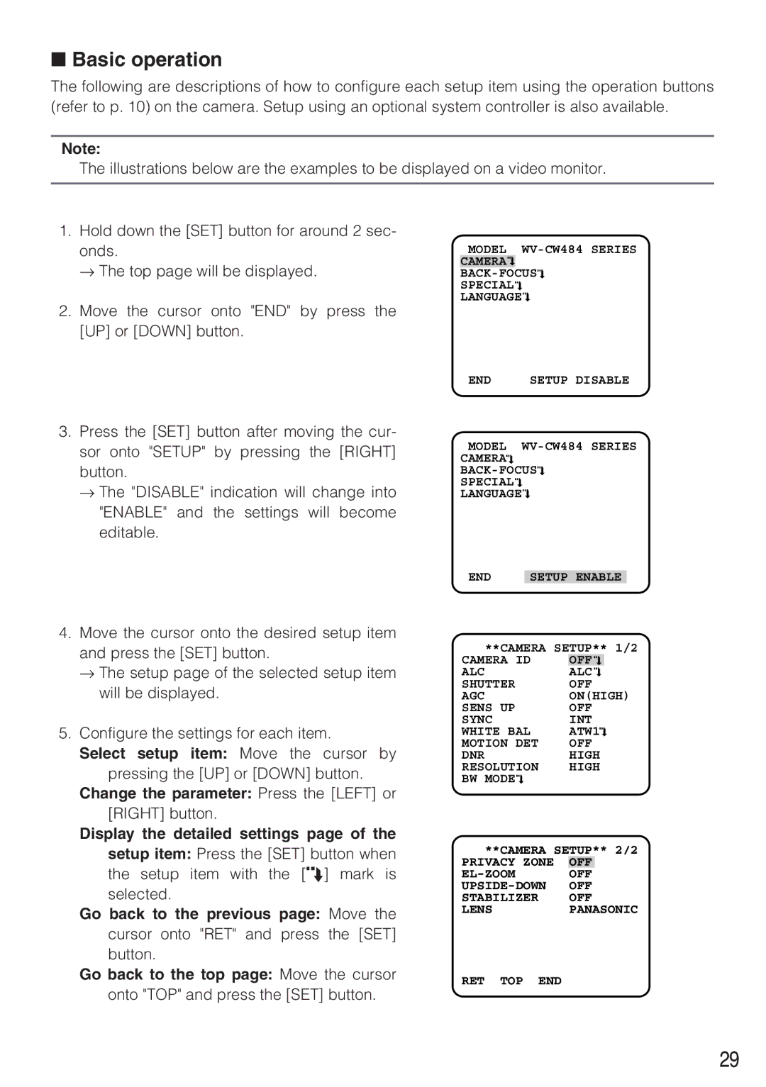 Panasonic WV-CW484F operating instructions Basic operation 