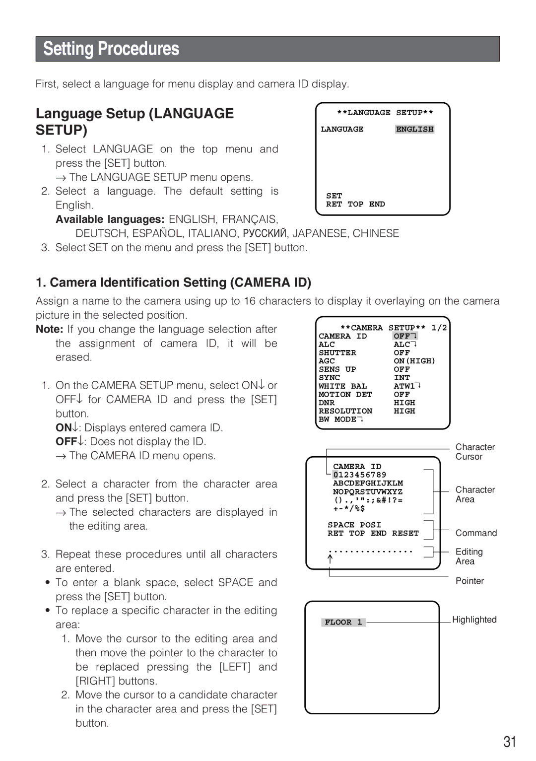 Panasonic WV-CW484F Setting Procedures, Language Setup Language Setup, Camera Identification Setting Camera ID 