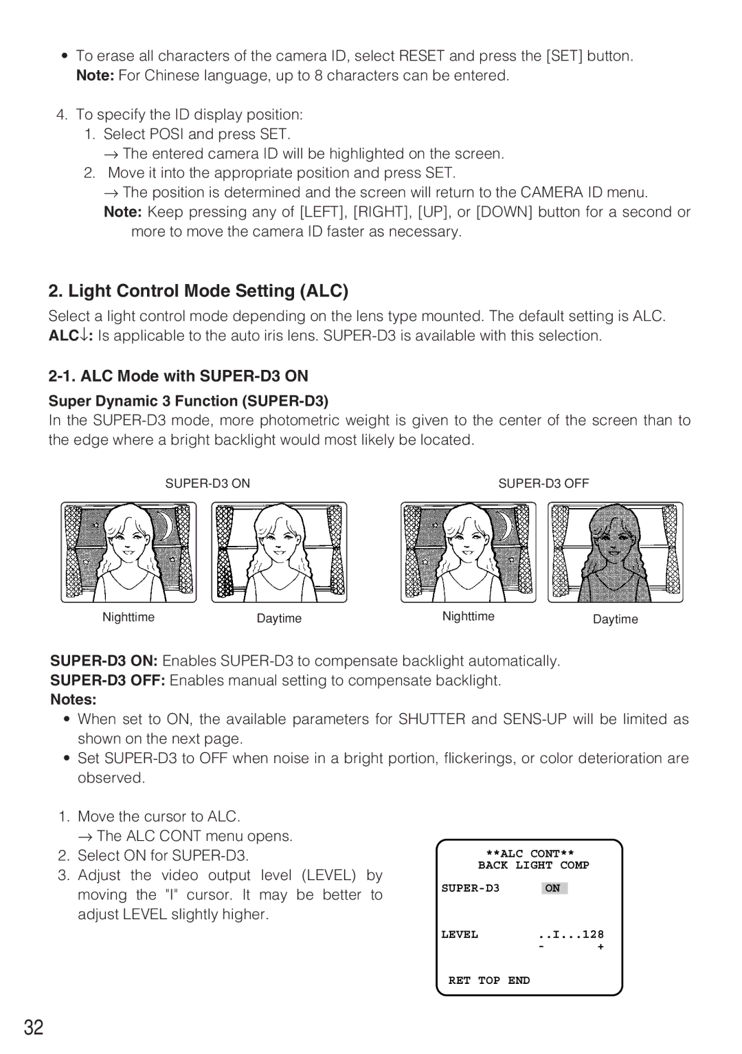 Panasonic WV-CW484F Light Control Mode Setting ALC, ALC Mode with SUPER-D3 on, Super Dynamic 3 Function SUPER-D3 