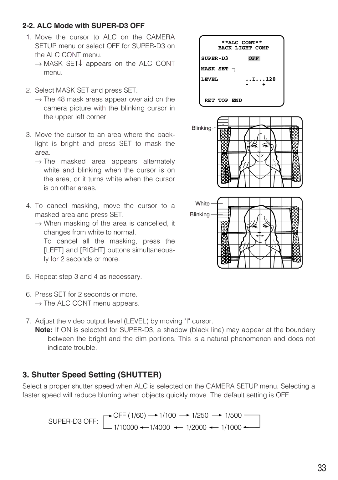 Panasonic WV-CW484F operating instructions Shutter Speed Setting Shutter, ALC Mode with SUPER-D3 OFF 