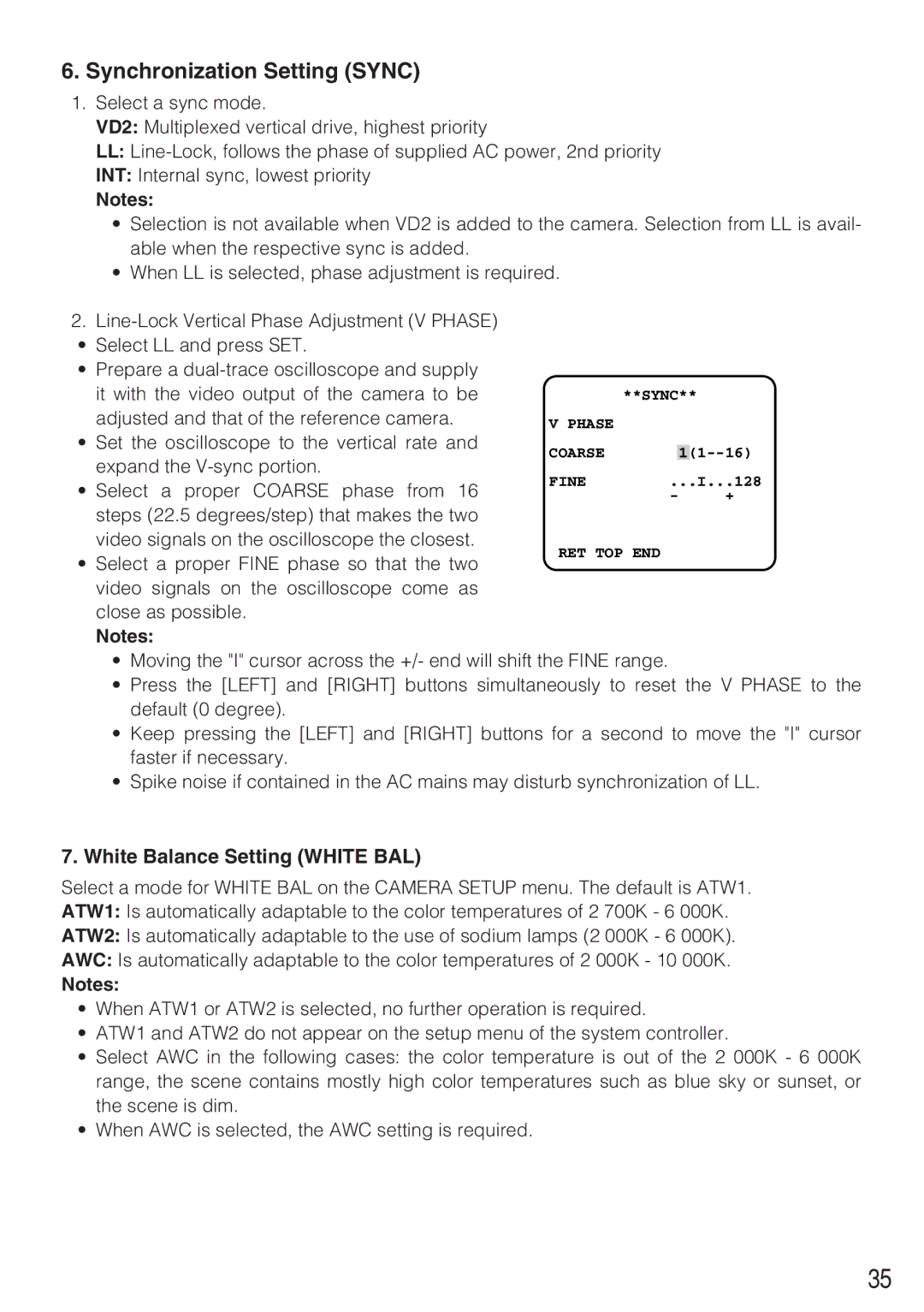 Panasonic WV-CW484F operating instructions Synchronization Setting Sync, White Balance Setting White BAL 