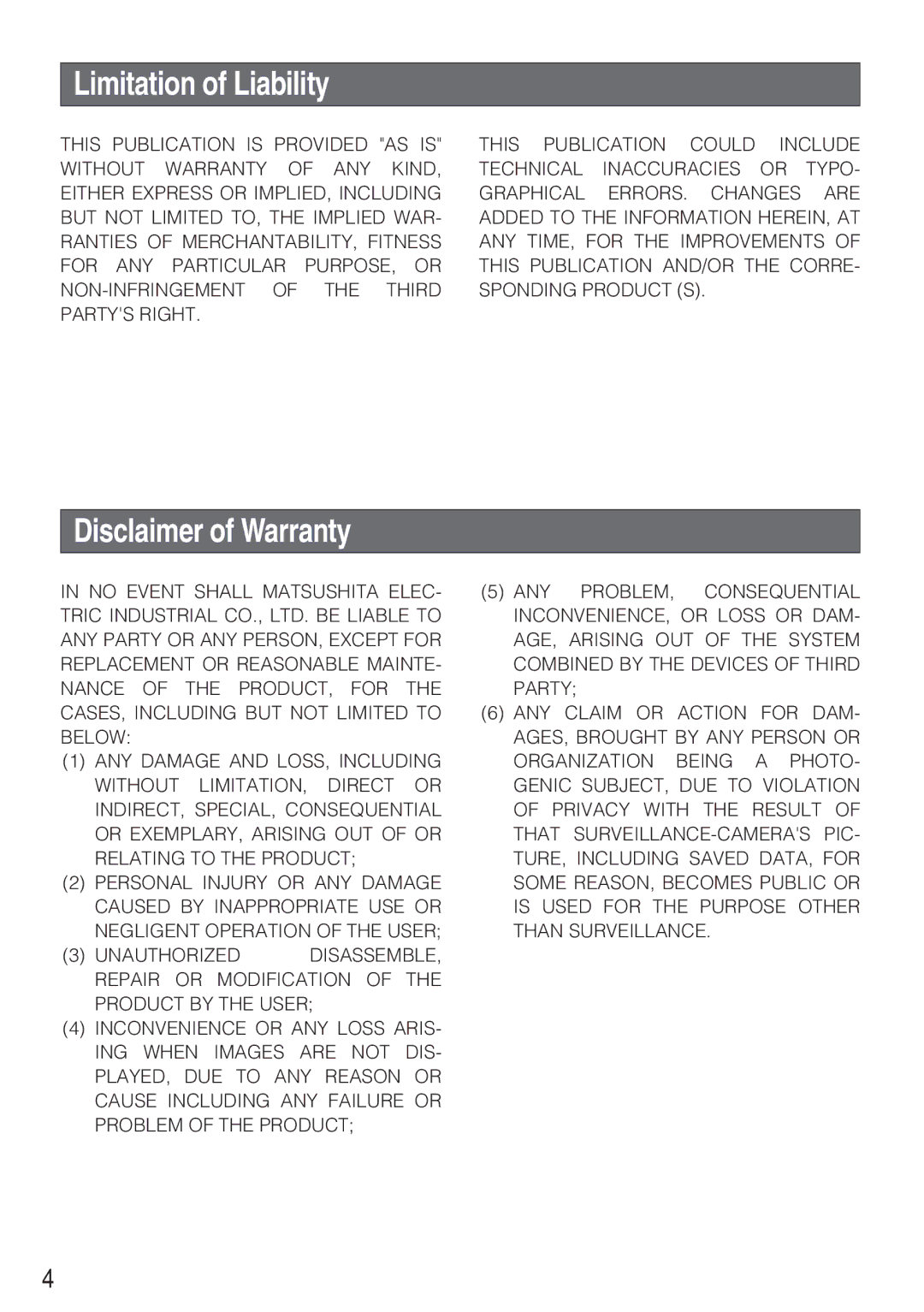 Panasonic WV-CW484F operating instructions Limitation of Liability, Disclaimer of Warranty 