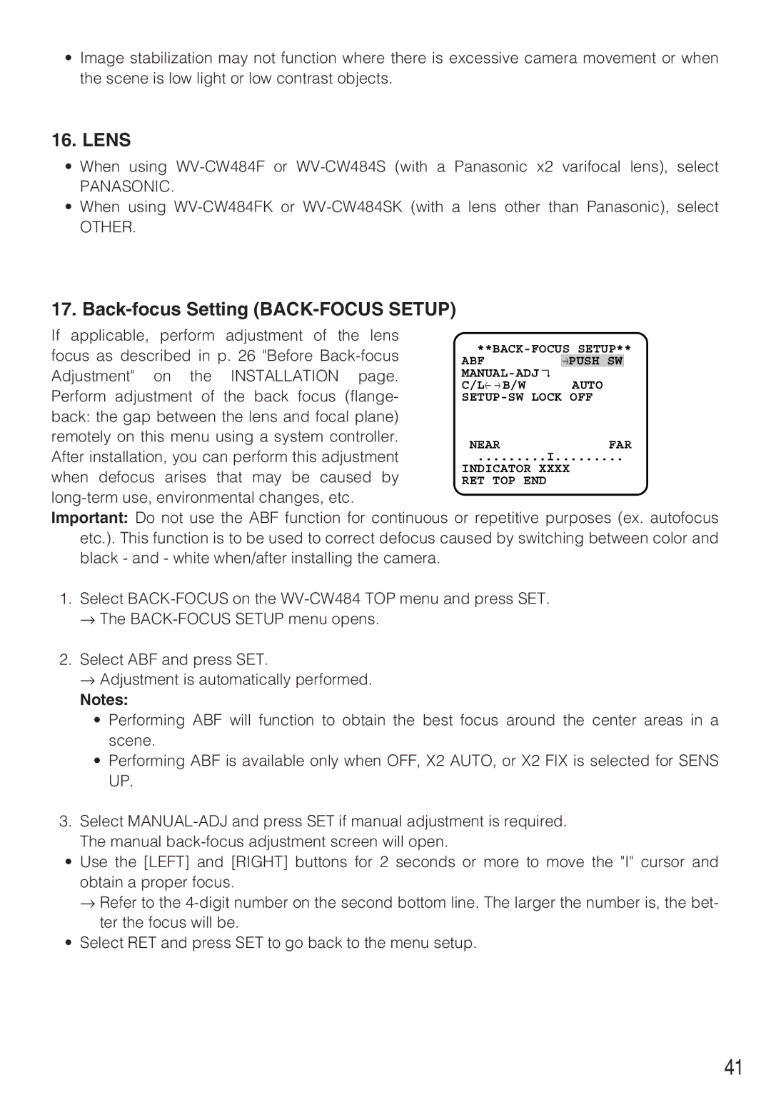 Panasonic WV-CW484F operating instructions Lens, Back-focus Setting BACK-FOCUS Setup 