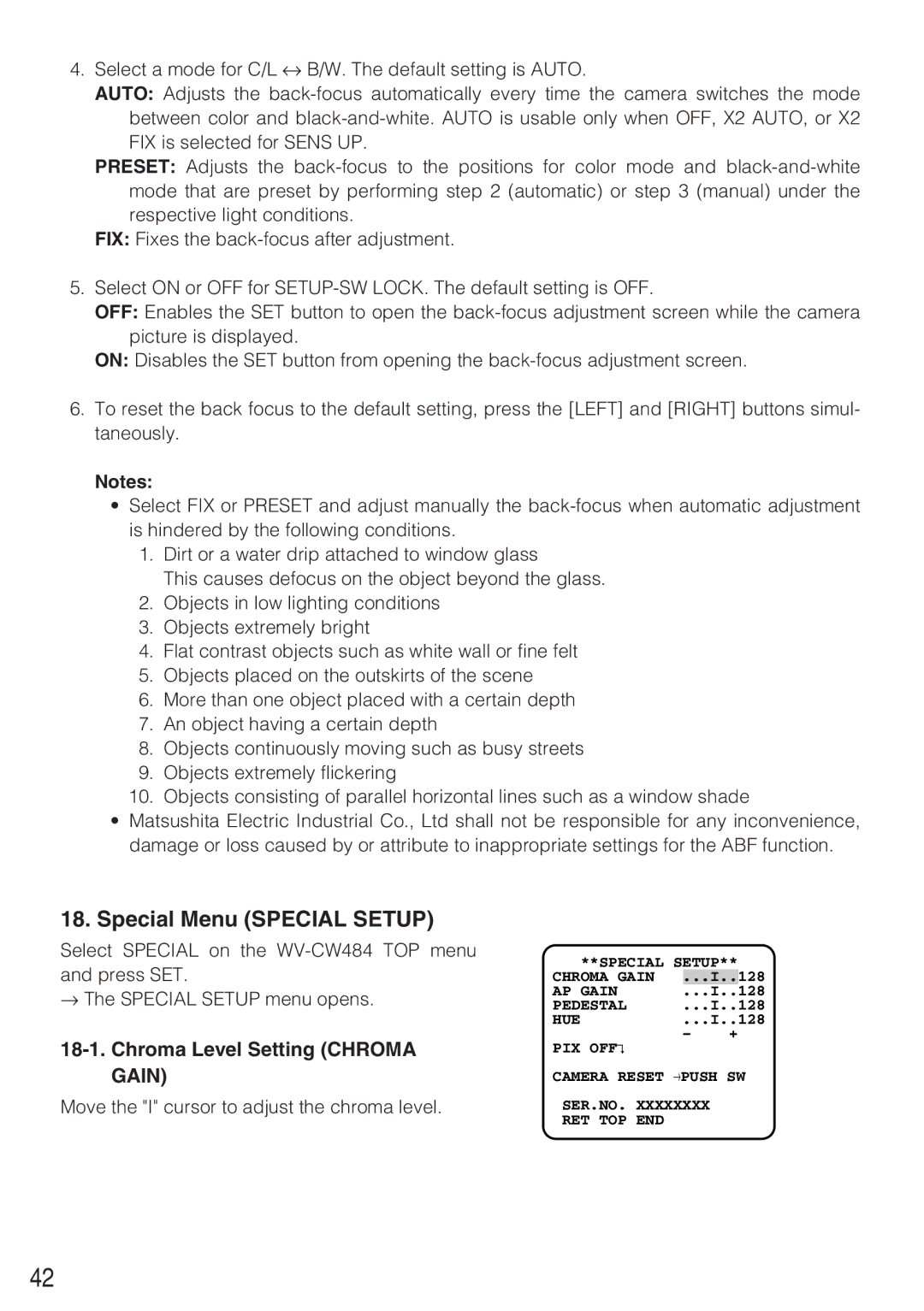 Panasonic WV-CW484F operating instructions Special Menu Special Setup, Chroma Level Setting Chroma Gain 