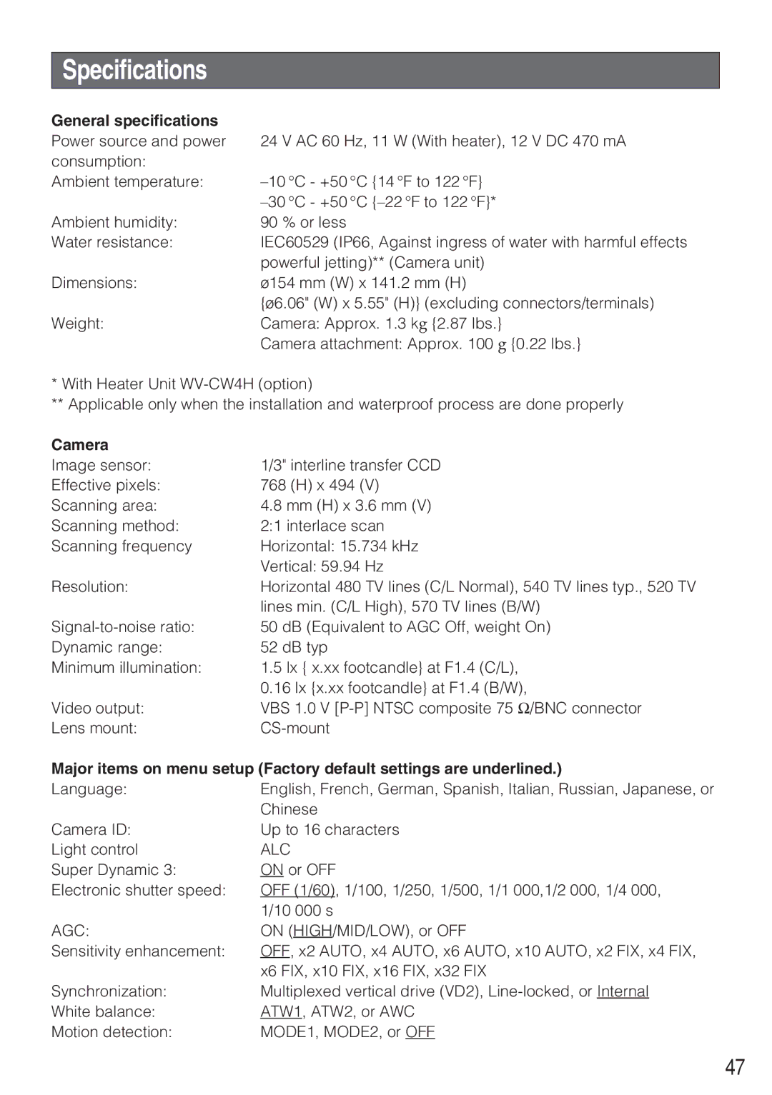 Panasonic WV-CW484F operating instructions Specifications, General specifications, Camera 