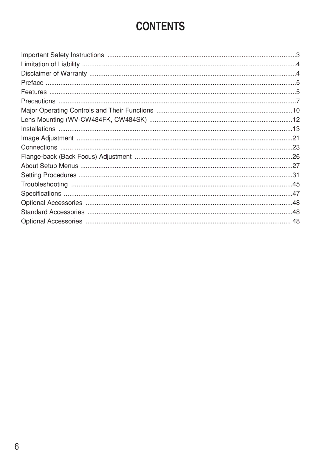 Panasonic WV-CW484F operating instructions Contents 